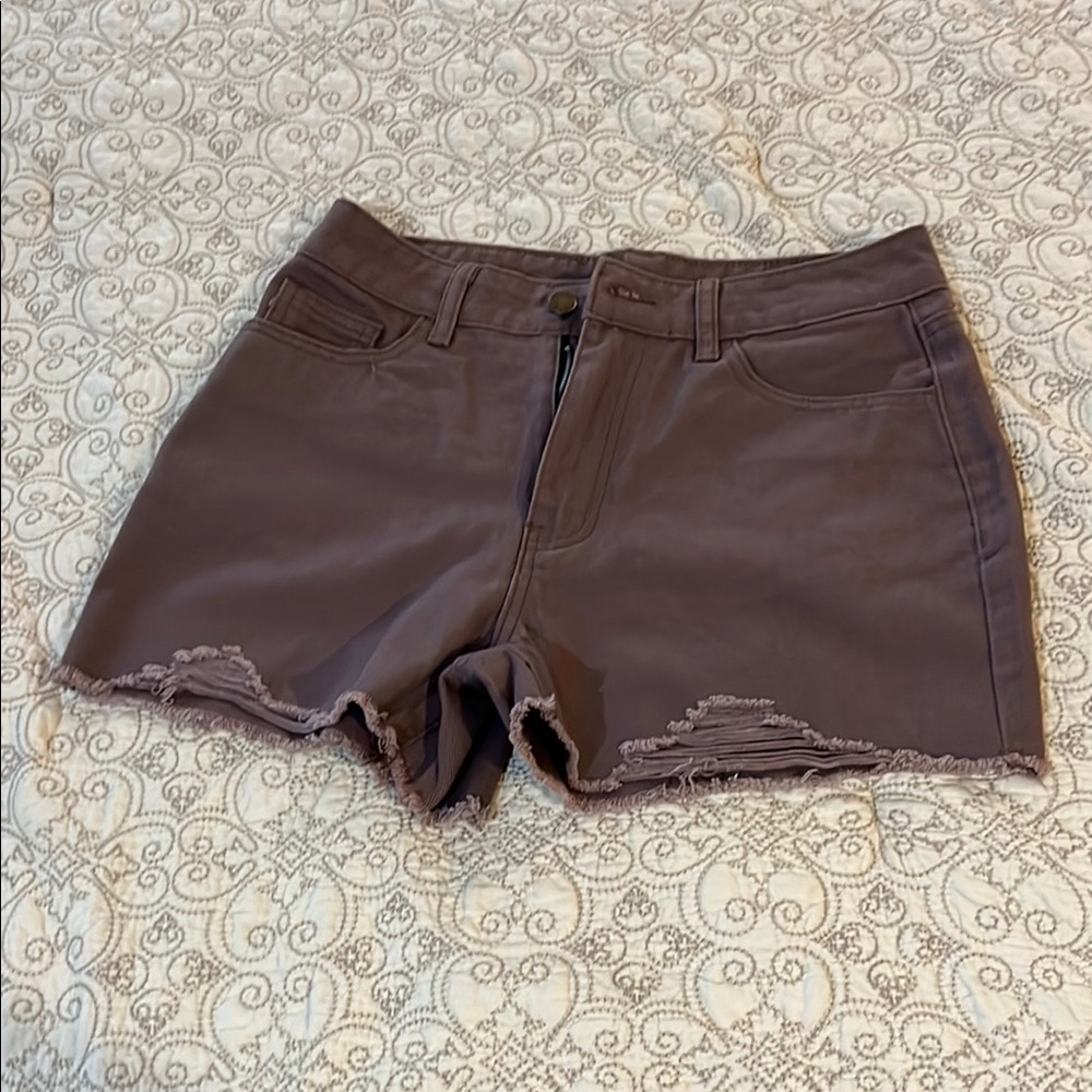 SHEIN Brown Jean Shorts with Frayed Hem and Stretchy Fit
